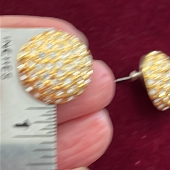 Gold and rhinestone round dome pavé stud earrings ~11/16”. Like new. - Picture 4 of 6